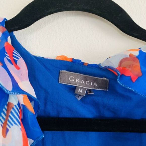 Gracia Blue Bird Print Silk Ruffle Neck Dress - Picture 4 of 5